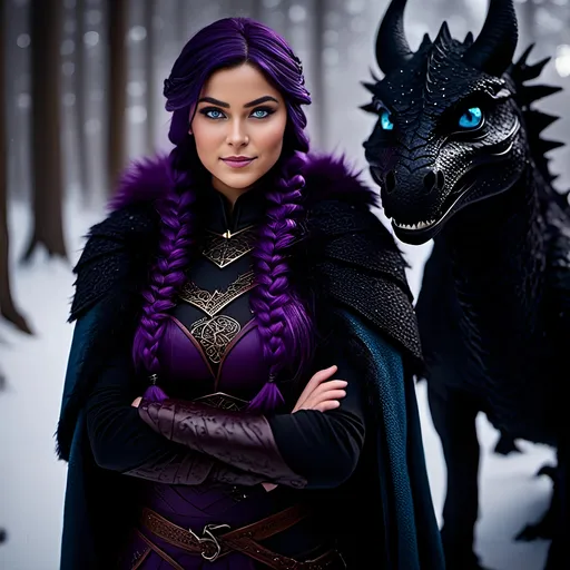 Prompt: Photo of <mymodel> standing next to her ((black)) razorwhip dragon from How to Train Your Dragon in the snow, {{she has light blue eyes}}, she is wearing a fur hood over her head, she is wearing a fur cape