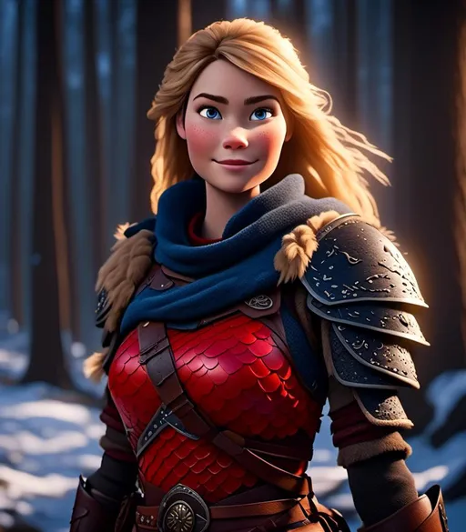 Prompt: <mymodel>CGI Animation, digital art, 20-year-old-old viking woman with light blue eyes standing in a dimly lit forest, blue assassin's creed clothes, red colored armor, blonde straight hair, subtle smile, unreal engine 8k octane, 3d lighting, cinematic lighting, camera shot of full armor from head to toe