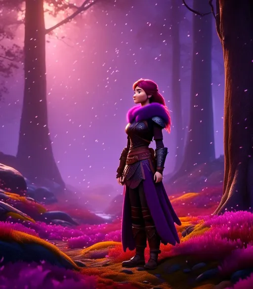 Prompt: <mymodel>CGI Animation, digital art, 20-year-old-old viking woman with light blue eyes, it is raining, she is of royalty standing at night next to a tree with her hands resting on the bark, she is in a dimly lit thick forest with trees everywhere, dense fog, {{black gear, purple armor}}, purple hair, single braid down her shoulder with a tiara, subtle smile, unreal engine 8k octane, 3d lighting, close up camera shot on the face, full armor