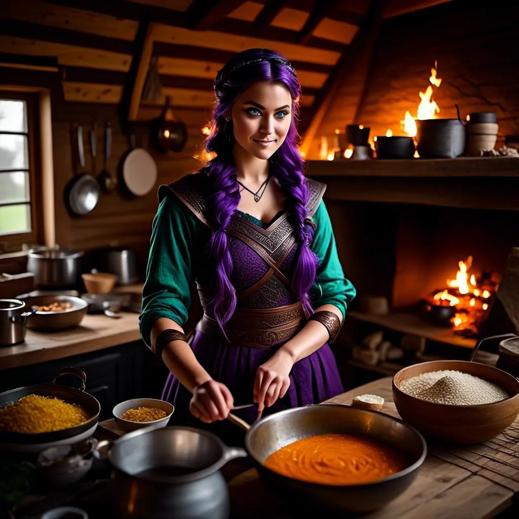 Prompt: Photo of <mymodel> working in the kitchen preparing food in her viking house, she has light blue eyes