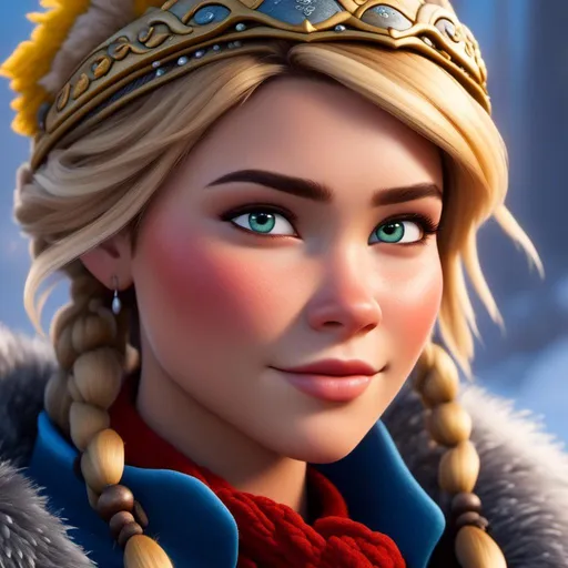 Prompt: <mymodel>CGI Animation, close-up portrait of the face, 20-year-old-old pirate viking woman sitting on a snow bank, a snowy scene, {{yellow gear, blue armor}}, blonde hair, an updo style of hair with a faded buzz cut on the side of the head, subtle smile, beads hair, small red earrings, multiple braids, yellow gear, straight hair, green eyes, bracelets, rings on fingers, mercenary gear, unreal engine 8k octane, 3d lighting, close up camera shot on the face, full armor