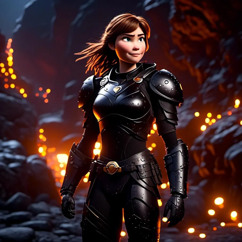 Prompt: <mymodel>25-year-old viking woman, subtle smile, light blue eyes, black gear, bright black armor, wearing an iron-man like suit of armor, black textures and highlights, standing in the shadows of the a dark cave at night, short focus, blurry background, moonlit scene, unreal engine 8k octane, 3d lighting, full body, full armor