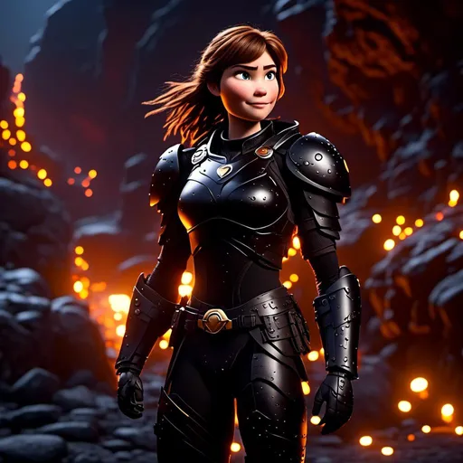 Prompt: <mymodel>25-year-old viking woman, subtle smile, light blue eyes, black gear, bright black armor, wearing an iron-man like suit of armor, black textures and highlights, standing in the shadows of the a dark cave at night, short focus, blurry background, moonlit scene, unreal engine 8k octane, 3d lighting, full body, full armor