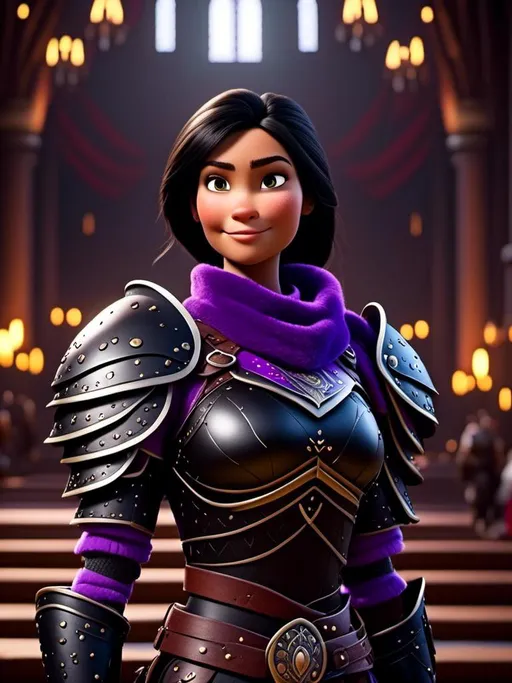 Prompt: <mymodel>CGI Animation, digital art, 20-year-old-old viking woman of royalty standing in The Great Hall on the Isle of Berk, {{purple gear, black armor}}, black hair, straight hair with a tiara, subtle smile, unreal engine 8k octane, 3d lighting, close up camera shot on the face, full armor
