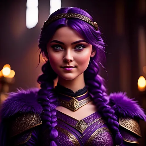 Prompt: A photo of <mymodel> with a heavy purple fur tunic in The Great Hall from How to Train Your Dragon, ((she has a single hair braid down her shoulder))