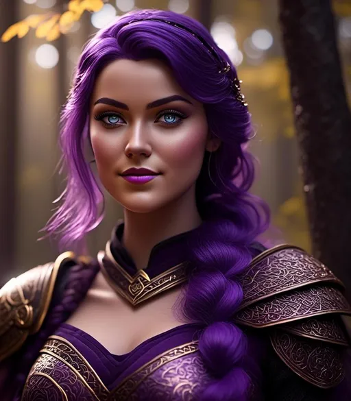 Prompt: <mymodel>CGI Animation, digital art, 20-year-old-old viking woman with light blue eyes, she is overjoyed, purple hair with purple strands, standing in a dimly lit forest, single braid down her shoulder with a tiara, unreal engine 16k octane, 3d lighting, full armor