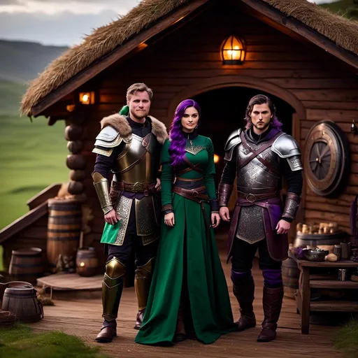 Prompt: Photo of <mymodel> standing in her hut with her husband Jarl Everson who is 24-years old who has brown (((short)) wavy hair and green gear