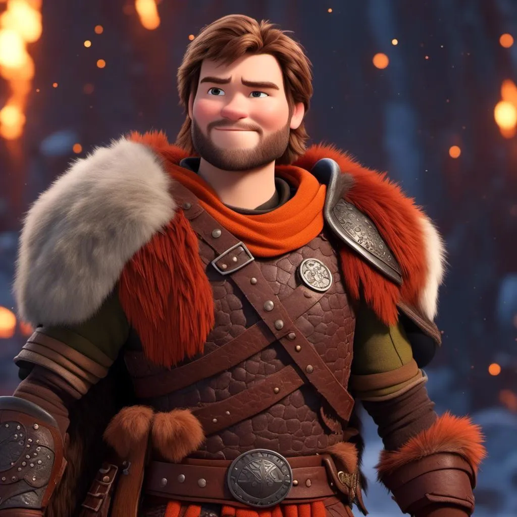 Prompt: <mymodel>Animated CGI style of a light build Caucasian Viking with brown hair, intense gaze, orange fur and maroon clothing textures, high quality, CGI, realistic, intense gaze, viking, male, Caucasian, detailed facial features, fur textures, highres, professional, intense lighting