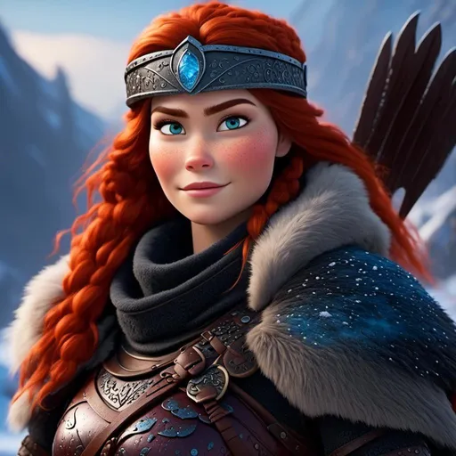Prompt: <mymodel>CGi Animation, 25-year-old viking woman warrior with blue eyes, a snowy scene, the viking woman has a subtle smile, red hair, she has black gear, black armor, black textures, black pants, black boots