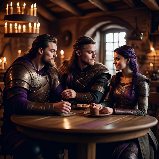 Prompt: Photo of a young <mymodel> sitting at the supper table with her husband a young Jarl Mollerson, he has short brown hair and no beard, they are in their viking house