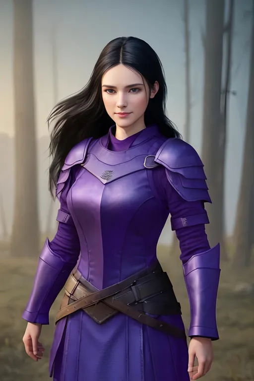 Prompt: Digital Art, 25-year-old viking woman, purple gear, purple clothes, subtle smile, black straight hair, dark purple eyes, a dark purple long-sleeve shirt, textured skirt down to knees, dark purple pants, dark purple armor, long black hair with volume, middle part in hair, leather boots, dark purple gear, unreal engine 64k octane, hdr, 3d lighting, full body, full armor