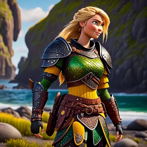 Prompt: <mymodel>CGi Animation, 25-year-old viking woman warrior with yellow eyes, a hot summer day at the beach, the viking woman has a subtle smile, hazel color hair, she has green gear, purple armor with bursts of gold textured splotches, black pants, black boots
