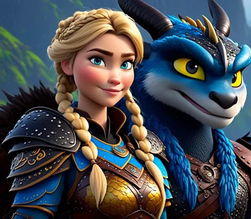 Prompt: <mymodel>CGi Animation, 20-year-old viking woman with blue eyes, a rainy scene, she is standing next to a bright blue dragon with gold highlights, they are both in the rain, the viking woman has a subtle smile, blonde hair in a ponytail style, she has blue gear, gold armor, black pants, black boots