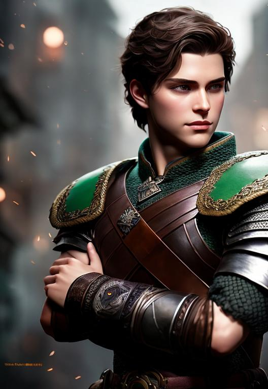 Prompt: he has short brown hair, create most handsome fictional male prince viking warrior, short brown hair, light green eyes, extremely detailed environment, detailed background, intricate, detailed skin, professionally color graded, photorealism, 16k, moody lighting