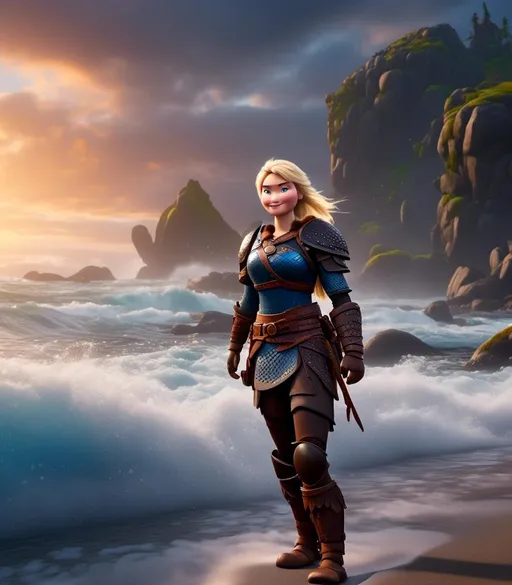 Prompt: <mymodel>CGI Animation, digital art, 20-year-old-old viking woman with blue eyes standing around several hot springs on a beach, ((blue clothes, blue colored armor,)) raging storm lighting, blonde straight hair, subtle smile, unreal engine 8k octane, 3d lighting, cinematic lighting, camera shot of full armor from head to toe