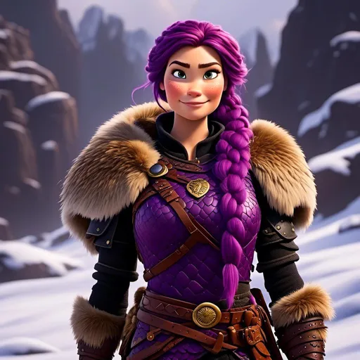 Prompt: Photo of <mymodel> standing in the snow, viking warrior, purple hair, single braid down her shoulder, black gear, gold armor, black pants, gold boots