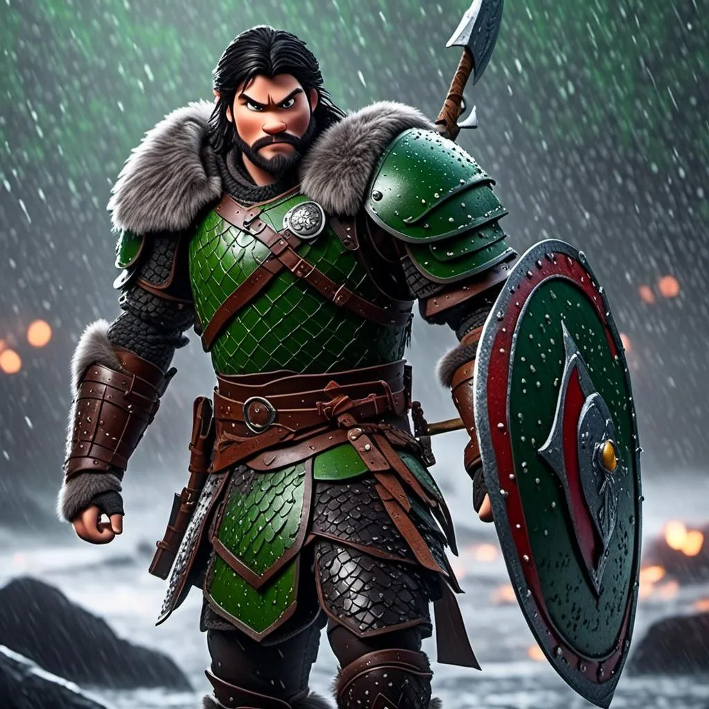 Prompt: <mymodel>Animated CGI style of a fierce Viking male about 25 years old, black hair, detailed facial features, leather armor {{((red))}} and green armor, battle axe and shield, standing in the rain, intense and determined expression, dynamic and powerful pose, high definition, CGI, detailed armor, fierce female, Nordic designs, battle-ready, dynamic pose, professional lighting