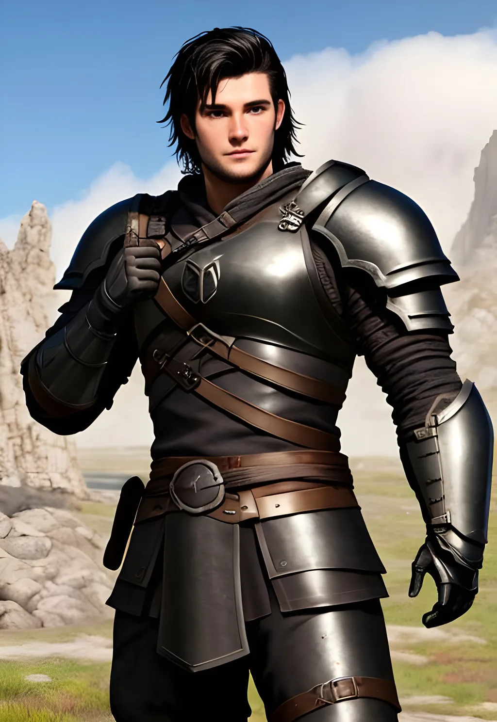 Prompt: Full character, Digital art, 22-year-old viking man, black hair. green armor. blue gear. medium-length black hair, subtle smile, black stubble beard, hazel eyes, adventurer, blue sky background, unreal engine 8k octane, 3d lighting