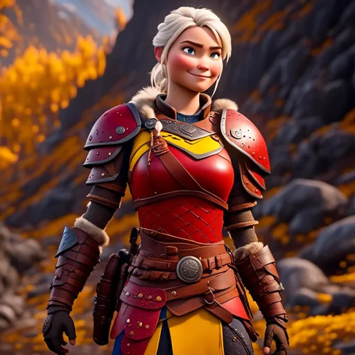 Prompt: <mymodel>CGi Animation, 20-year-old viking woman with one hair braid, subtle smile, white hair, blue eyes, blue gear, yellow armor, red clothes, yellow textures and highlights, unreal engine 8k octane, 3d lighting, full body, full armor