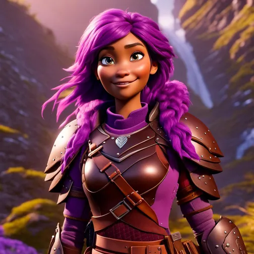 Prompt: <mymodel>CGi Animation, 20-year-old viking woman with one hair braid, caucasian, subtle smile, purple hair, light blue eyes, {{purple gear, purple armor}}, silver textures and highlights, unreal engine 8k octane, 3d lighting, full body, full armor