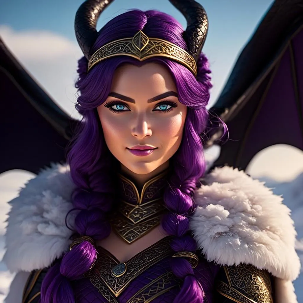 Prompt: Photo of <mymodel> standing next to her ((black)) razorwhip dragon from How to Train Your Dragon in the snow, she has light blue eyes, she is wearing a fur hood over her head, she is wearing a fur cape