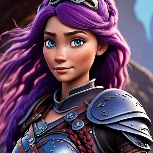 Prompt: <mymodel>CGI Animation of a viking female, purple hair in a single braid, light blue eyes, purple and black gear and armor, intricate details, high quality, digital painting, cool tones, dramatic lighting