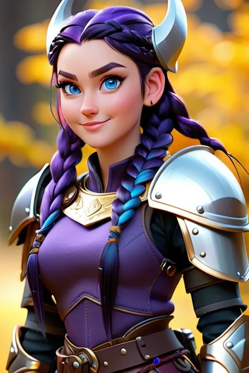 Prompt: Digital art, bright colors, subtle smile, 23-year-old woman viking, dark purple hair, one braid, light blue eyes, cut over left eye to on cheekbone, black gear, gold armor, unreal engine 8k octane, 3d lighting, full body, full armor