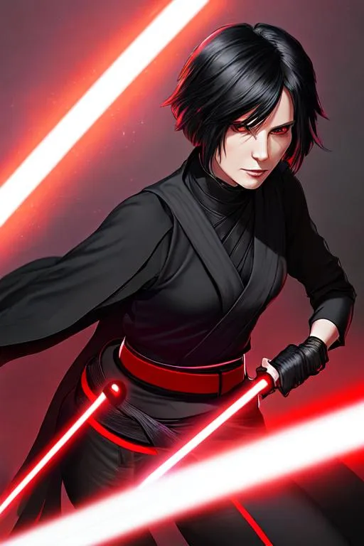 Prompt: A woman Sith lord, with black short-length hair, a subtle smile, a black short sleeve shirt, a black vest past the waist, a black belt, black pants, black boots, two lightsabers one red and one light pink