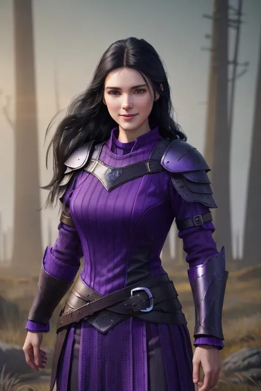 Prompt: Digital Art, 25-year-old viking woman, purple gear, purple clothes, subtle smile, black straight hair, dark purple eyes, a dark purple long-sleeve shirt, textured skirt down to knees, dark purple pants, dark purple armor, long black hair with volume, middle part in hair, leather boots, dark purple gear, unreal engine 64k octane, hdr, 3d lighting, full body, full armor