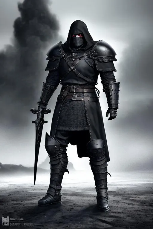 Prompt: Digital Art, a sinister viking man, black armor, a long black cloak down to the feet, an armored mask, black gear, a black helmet fully covering his face, black bracers, black pants, black boots, unreal engine 16k octane, 3d lightning