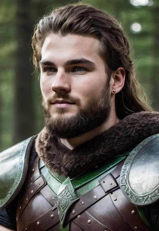 Prompt: Digital art, a 21-year-old viking man, subtle smile, round head, round face, short dark brown hair, brown hair, muscular, viking forest, green gear, silver armor, light green eyes, Tidal Class seal on chest armor, unreal engine 8k octane, 3d lighting.