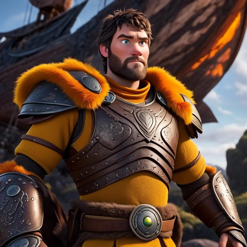 Prompt: <mymodel>Animated CGI style of a fierce Caucasian Viking with dark hair, intense gaze, realistic yellow armor with bursts of orange textures, high quality, CGI, realistic, intense gaze, viking, male, Caucasian, detailed facial features, fur textures, highres, professional, intense lighting