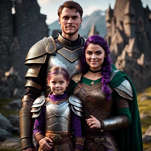 Prompt: Photo of <mymodel> standing next to her young husband Jarl Mollerson who has green gear and silver armor and ((short brown hair)), she is slightly shorter than him, Jarl Mollerson has a young looking face like hiccup