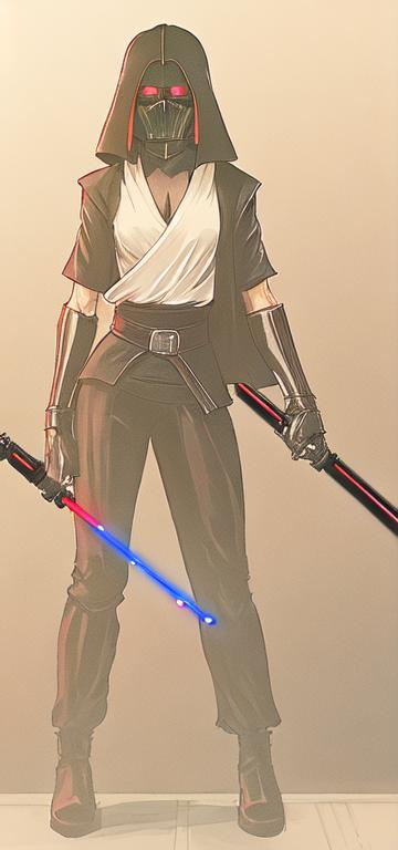 Prompt: A woman sith lord, black medium-length hair, black short sleeve shirt, black vest past waist, black belt, black pants, black boots, two lightsabers one red one light pink