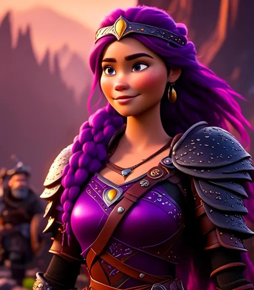 Prompt: <mymodel>CGI Animation, digital art, 20-year-old-old viking woman with light blue eyes, she is standing next to her clan's throne, she is of royalty standing, {{black gear, purple armor}}, purple hair, single braid down her shoulder with a tiara, subtle smile, unreal engine 8k octane, 3d lighting, close up camera shot on the face, full armor