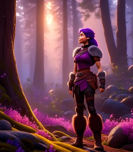 Prompt: <mymodel>CGI Animation, digital art, 20-year-old-old viking woman of royalty standing next to a tree with her hands resting on the bark, she is in a dimly lit thick forest with trees everywhere, dense fog, light blue eyes, {{black gear, purple armor}}, purple hair, single braid down her shoulder with a tiara, subtle smile, unreal engine 8k octane, 3d lighting, close up camera shot on the face, full armor