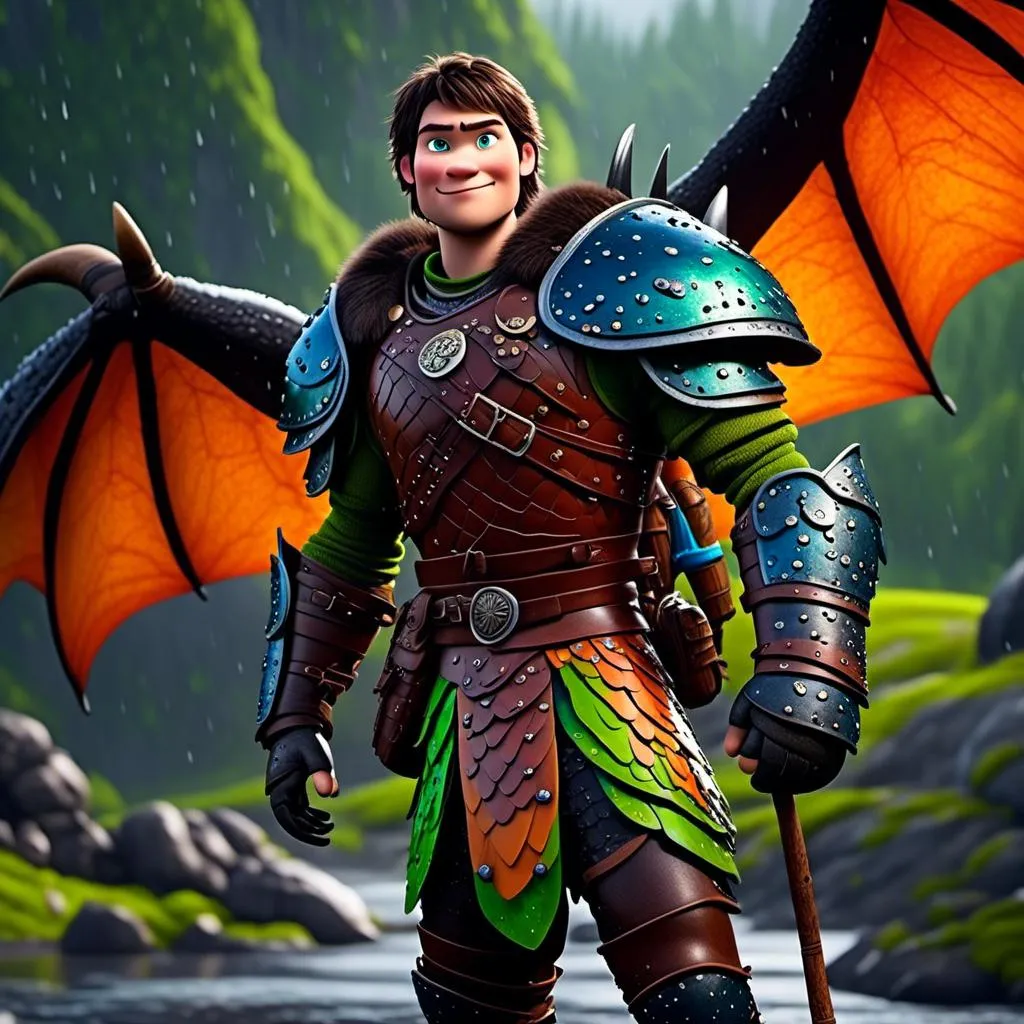 Prompt: <mymodel>CGi Animation, 20-year-old viking man with blue eyes, a rainy scene, the viking man has a subtle smile, black hair, he has red gear, orange armor, black pants, black boots, he is standing next to a bright green dragon with orange highlights, they are both in the rain, 