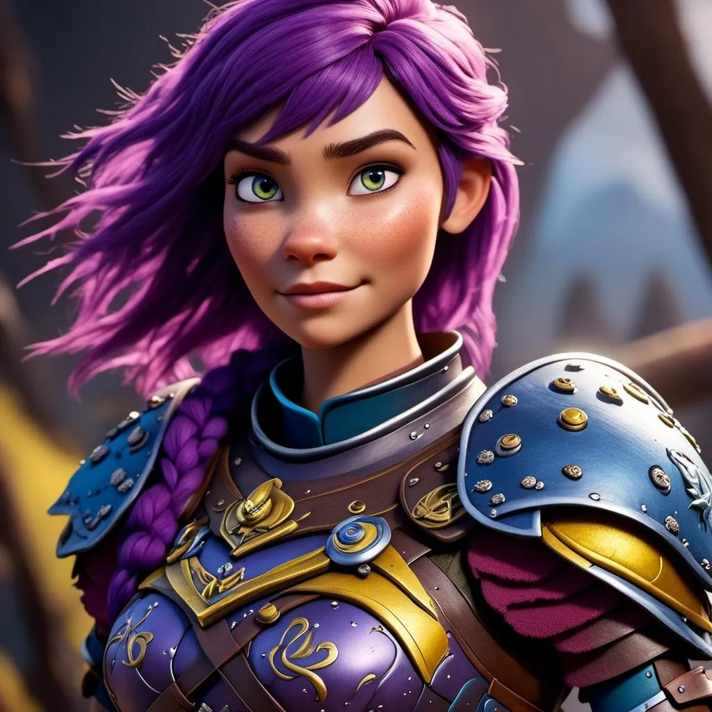 Prompt: <mymodel>CGI Animation of a viking female, purple hair, blue and yellow gear and armor, intricate details, high quality, digital painting, cool tones, dramatic lighting