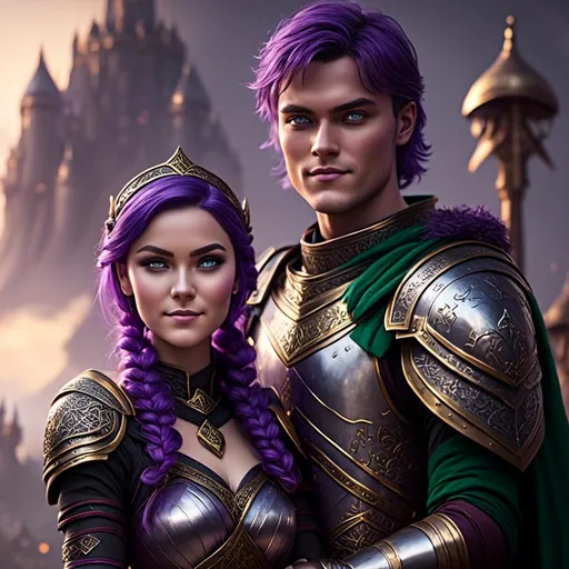 Prompt: Photo of <mymodel> standing next to her young husband Jarl Mollerson who has green gear and silver armor and ((short brown hair)), she is slightly shorter than him