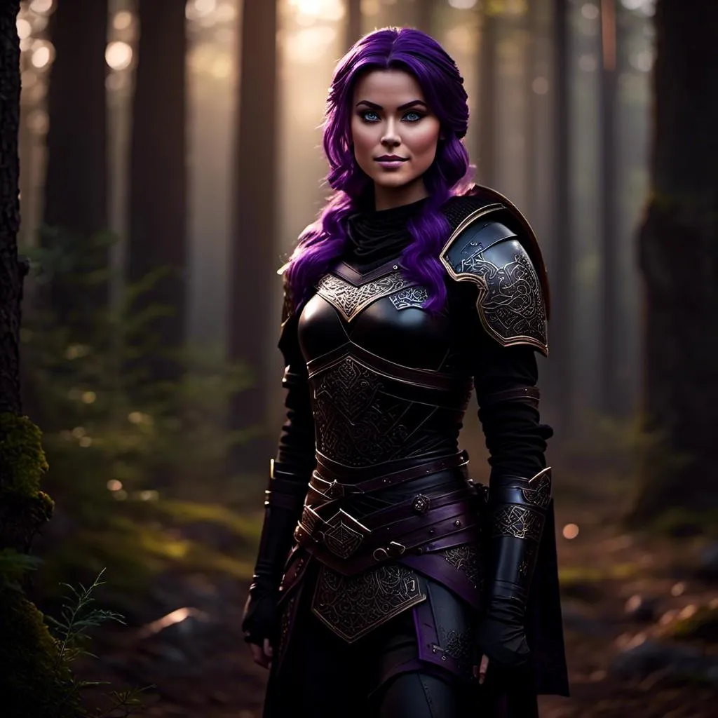 Prompt: <mymodel>25-year-old viking woman, subtle smile, light blue eyes, black gear, bright black armor, black textures and highlights, standing in the shadows of the forest, short focus, blurry background, moonlit scene, unreal engine 8k octane, 3d lighting, full body, full armor