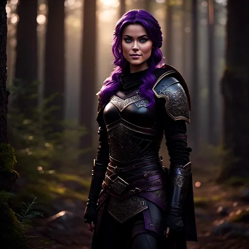 Prompt: <mymodel>25-year-old viking woman, subtle smile, light blue eyes, black gear, bright black armor, black textures and highlights, standing in the shadows of the forest, short focus, blurry background, moonlit scene, unreal engine 8k octane, 3d lighting, full body, full armor