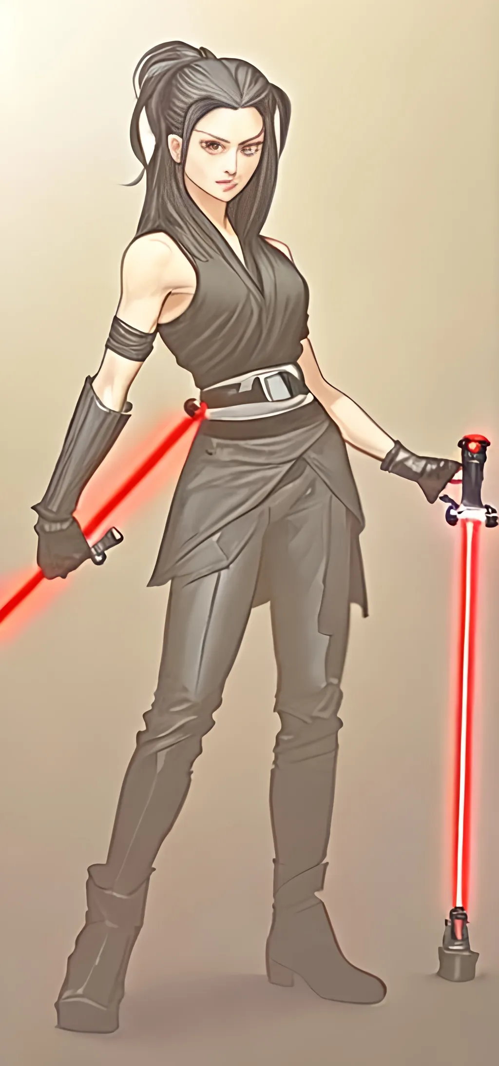 Prompt: A woman sith lord, black medium-length hair, black short sleeve shirt, black vest past waist, black belt, black pants, black boots, two lightsabers one red one light pink