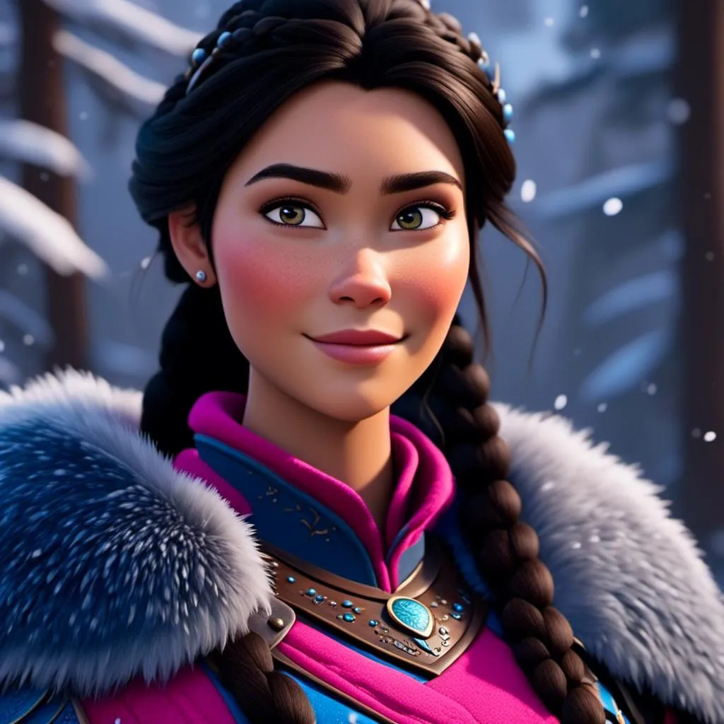 Prompt: <mymodel>CGI Animation, close-up portrait of the face, 20-year-old-old viking woman of royalty standing in the forest, a snowy scene, {{pink gear, blue armor}}, black hair, beads in hair pulled back for straight hair, subtle smile, unreal engine 8k octane, 3d lighting, close up camera shot on the face, full armor