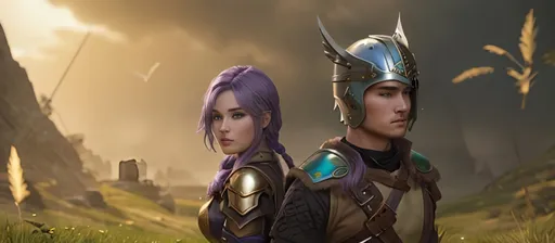 Prompt: create a female and male viking warriors, the female has purple hair and is holding and axe, her gear is black and silver.

The male has short brown hair with a gold helmet and holds a sword, his gear is shades of green with brown leather

They are in a grassy field