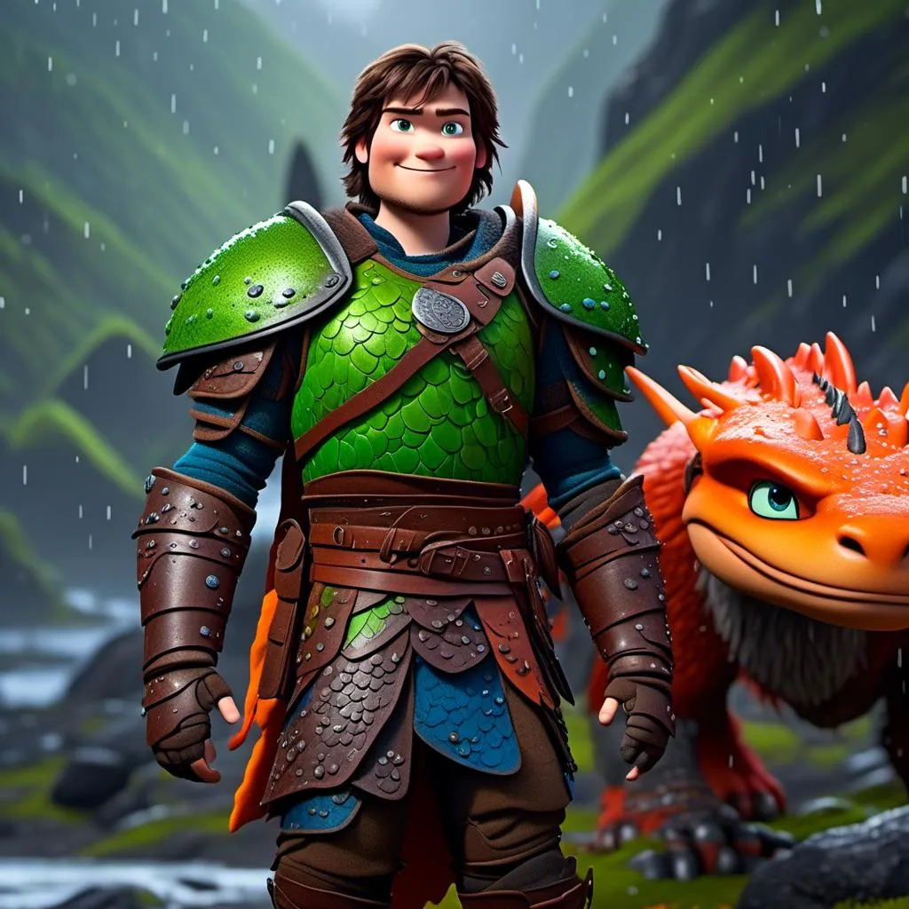 Prompt: <mymodel>CGi Animation, 20-year-old viking man with blue eyes, a rainy scene, the viking man has a subtle smile, black hair, he has red gear, orange armor, black pants, black boots, he is standing next to a bright green dragon with orange highlights, they are both in the rain, 