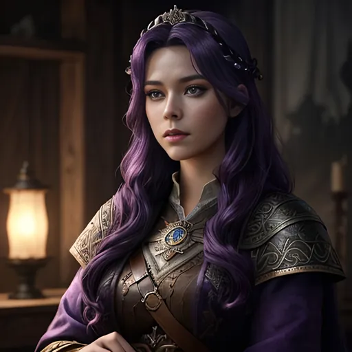 Prompt: create most beautiful fictional female viking princess, (((dark purple hair))), commanding her citizens, extremely detailed environment, detailed background, intricate, detailed skin, professionally color graded, photorealism, 8k, moody lighting