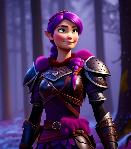 Prompt: <mymodel>CGI Animation, digital art, 20-year-old-old viking woman of royalty standing in a dimly lit forest with fog, light blue eyes, {{black gear, purple armor}}, purple hair, single braid down her shoulder with a tiara, subtle smile, unreal engine 8k octane, 3d lighting, close up camera shot on the face, full armor