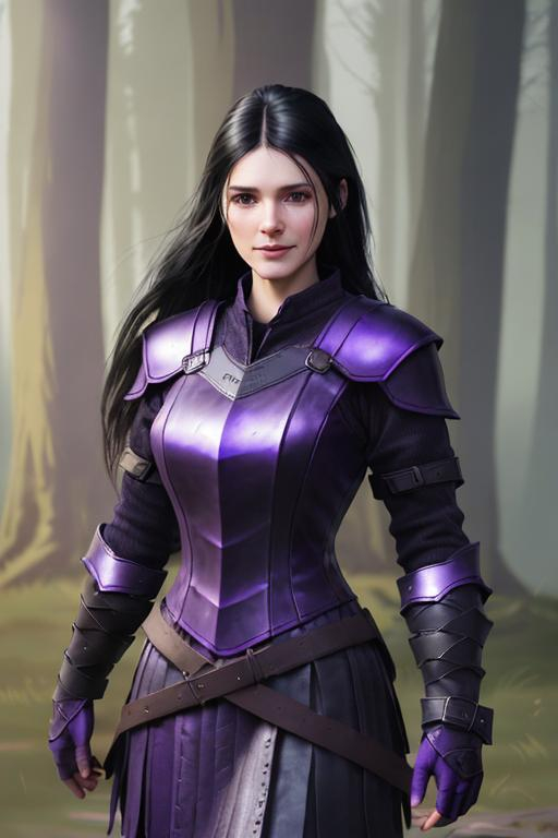 Prompt: Digital Art, 25-year-old viking woman, purple gear, purple clothes, subtle smile, black straight hair, dark purple eyes, a dark purple long-sleeve shirt, textured skirt down to knees, dark purple pants, dark purple armor, long black hair with volume, middle part in hair, leather boots, dark purple gear, unreal engine 64k octane, hdr, 3d lighting, full body, full armor