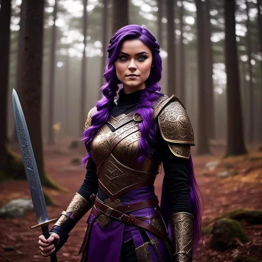 Prompt: A photo of <mymodel> standing in a forest with her sword drawn ready for a fight