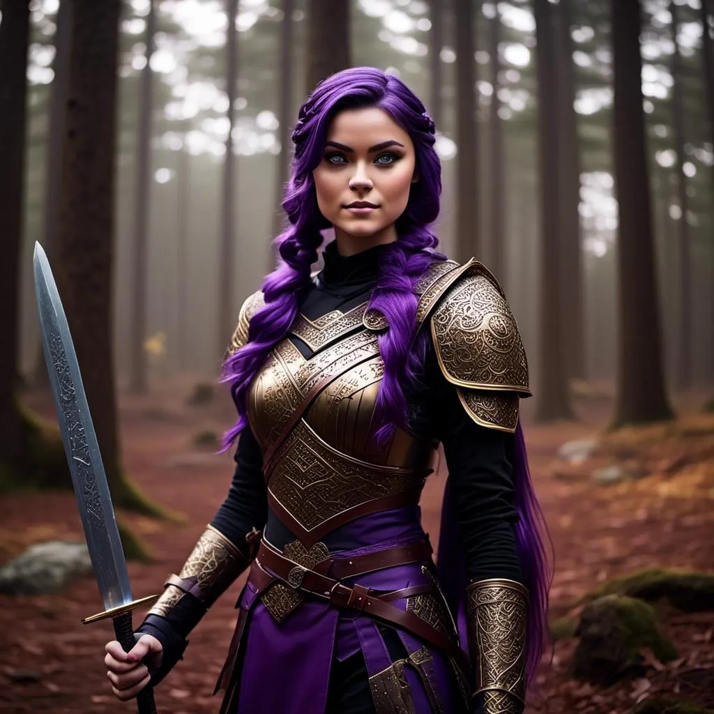 Prompt: A photo of <mymodel> standing in a forest with her sword drawn ready for a fight